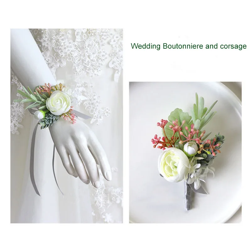 Corpetti da sposa e boutonnieri accessori per lo sposo braccialetti per damigella d'onore spilla con corpetto fiori rose artificiali decorazione da ballo