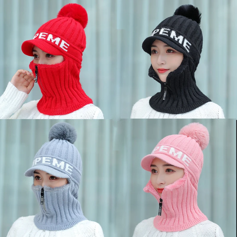 Brand New Winter Visor Hats Women Mixed color knit Beanie Skullies Hat Female Thick Velvet Hair Ball Warm Bonnet Caps Bib Set