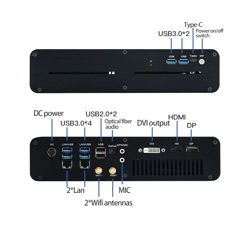 Il più nuovo Computer con ventola da gioco Intel i7-7820HK 2 * DDR4 M.2 NVME 4K Desktop Mni PC HDMI2.0 DP DVI fibra ottica GTX1060 GDDR5 4GB 2Lan