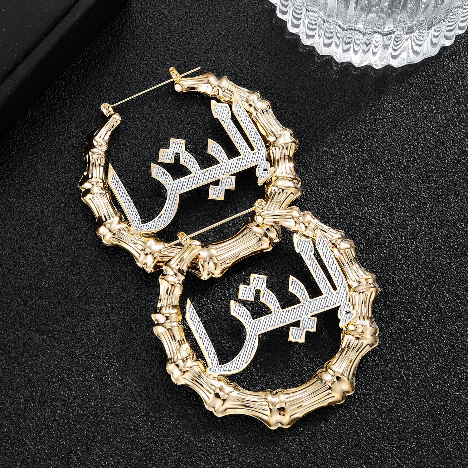 Personalized Bamboo Hoop Earrings Customize Arabic Name Gold Two-Color Plating Stainless Steel For Women Jewelry Gifts