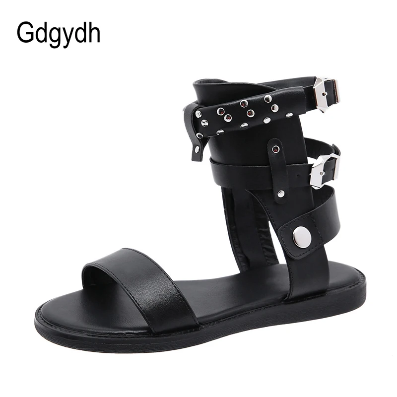 Gdgydh Metal Studded Summer Sandals Open Toe Black Flat Sandals Shoes Women Fashion Buckle Japanese Anime Cosplay Zipper Black