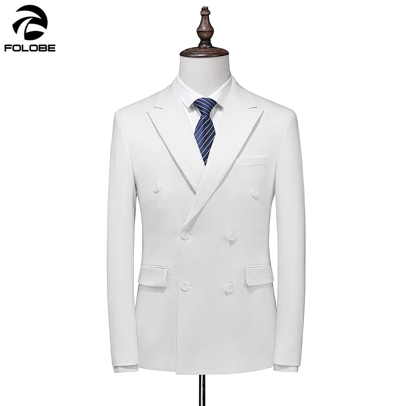 FOLOBE White Solid Color Men's Suit Three-piece Set Simple and Casual Double Breasted Groom Dress Wedding Best Men Clothing