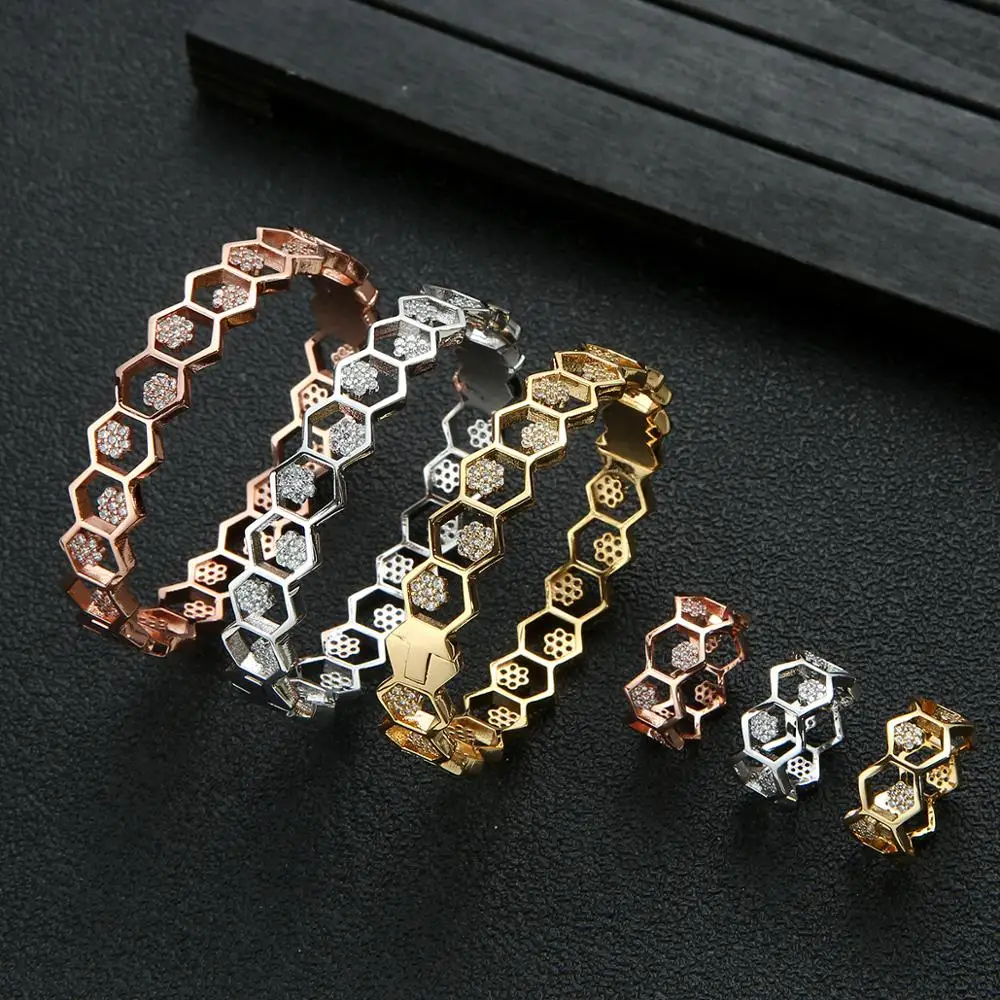 EYER luxury Unique African Bangle Ring Set Jewelry Sets For Women Wedding Cubic Zircon Copper CZ Dubai Bridal Jewelry Sets