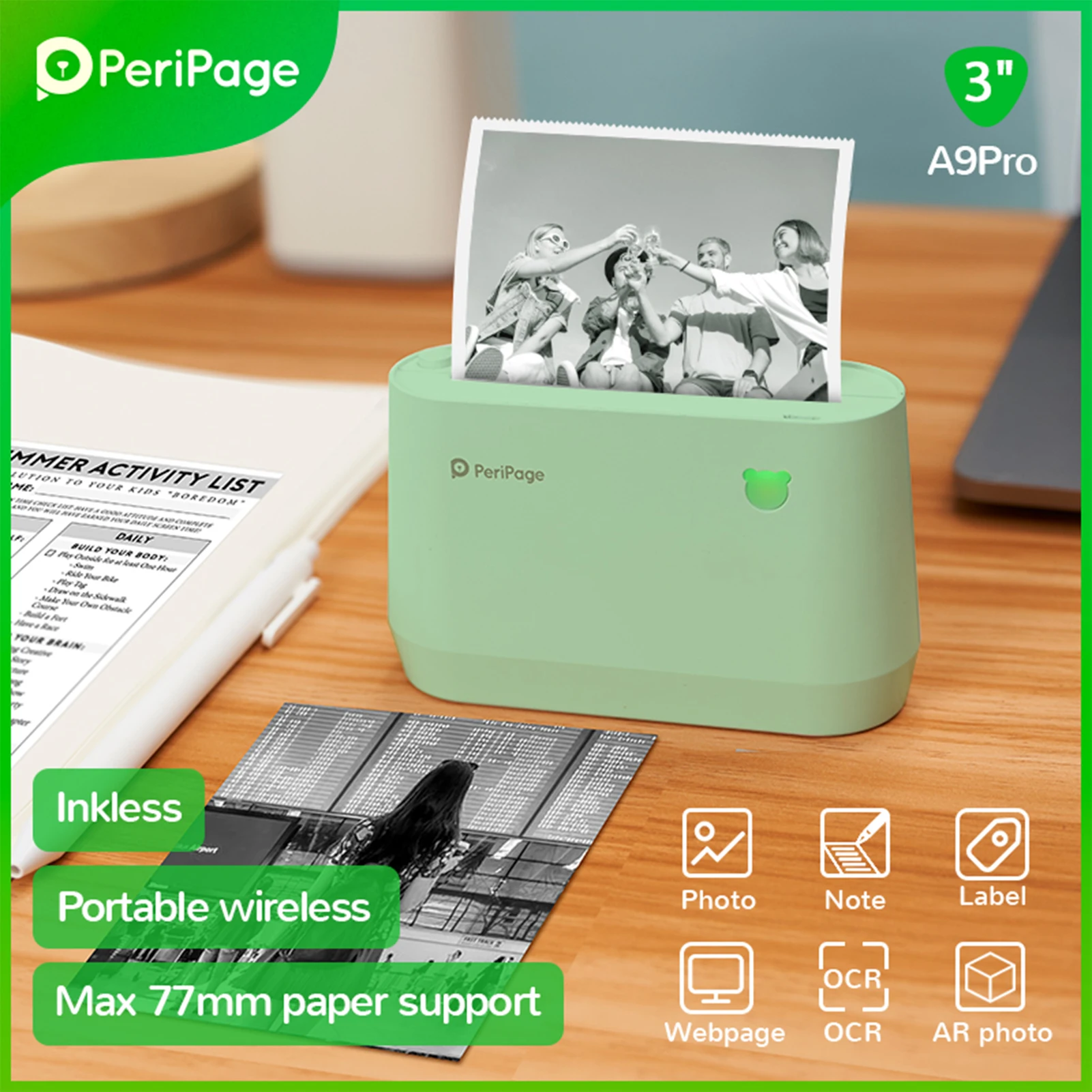 PeriPage A9 Pro BT Portable Thermal Pocket Printer 304dpi Grayscale Mode Mini Photo Printer Receipt Label 56mm/77mm Paper Width