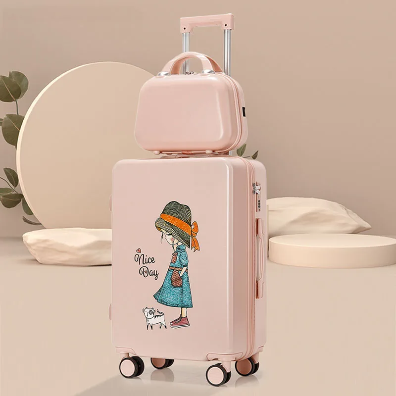 Vintage Reiskoffers Set 22 "24 Inch Cabine Koffer Rollende Bagage Roze Cartoon Valise Trolley Met Wielen Case Aangepast