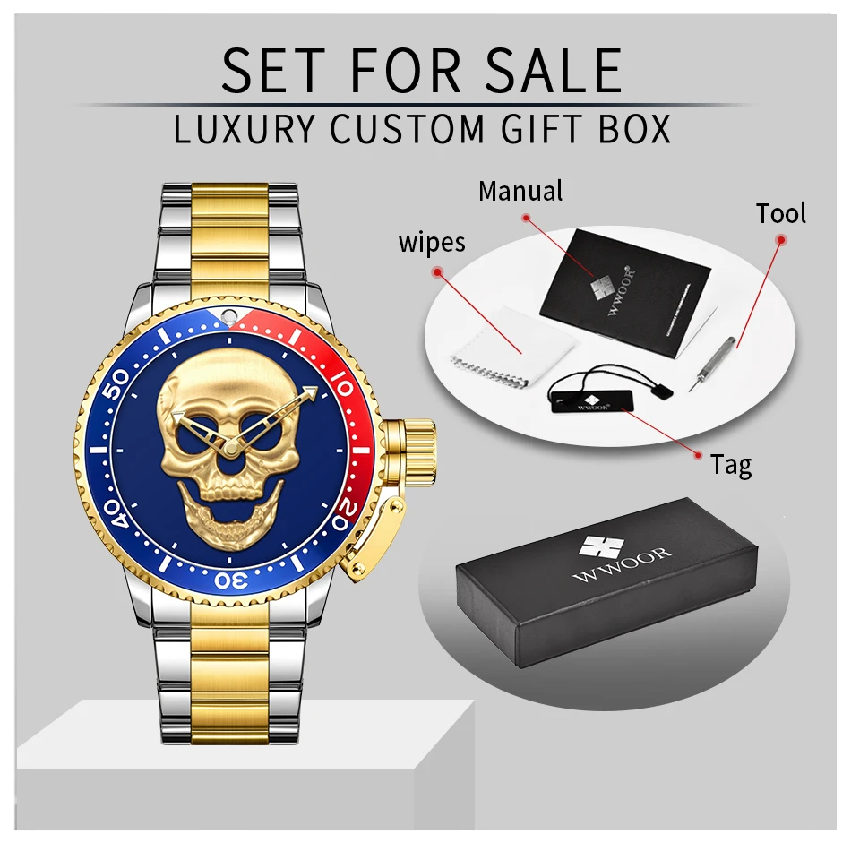 WWOOR-reloj con calavera 3D para hombre, cronógrafo de acero inoxidable, resistente al agua, creativo, Masculino