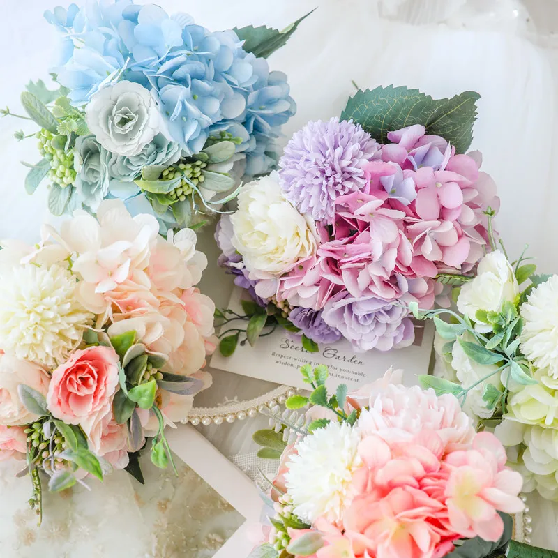 Peony Artificial Flower High Quality Luxury Bouquet Wedding Decoration Home Table Decoration Sky Blue Fake Hydrangea