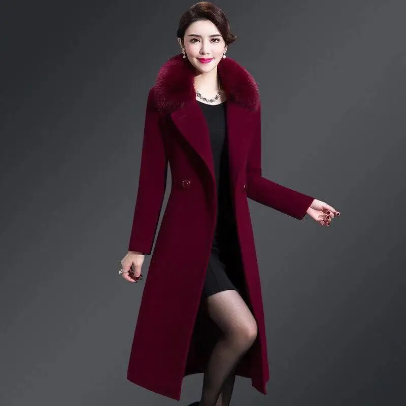 High Quality Big Fur Collar Woolen Coat Women Belt Knee-Length Double Breasted Mid-Long Woolen Jacket For Autumn Winter Outcoat