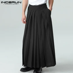 2024 Men Pants Pleated Solid Color Lace Up Pockets Loose Wide Leg Trousers Men Streetwear Fashion Casual Pantalon S-5XL INCERUN
