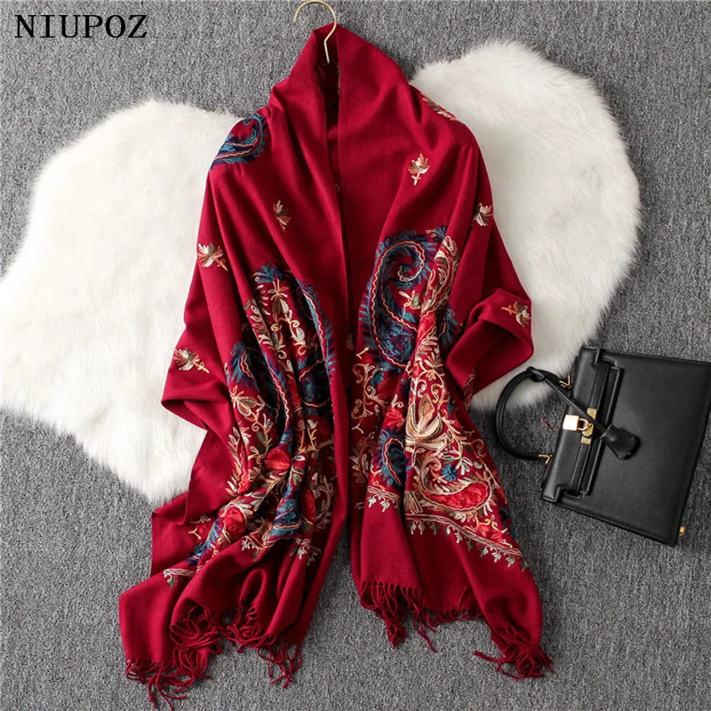 Women Foulard Elegant Embroidered Cashew Imitation Cashmere Winter Scarf Muslim Hijab Bandana Long Shawl Beautiful