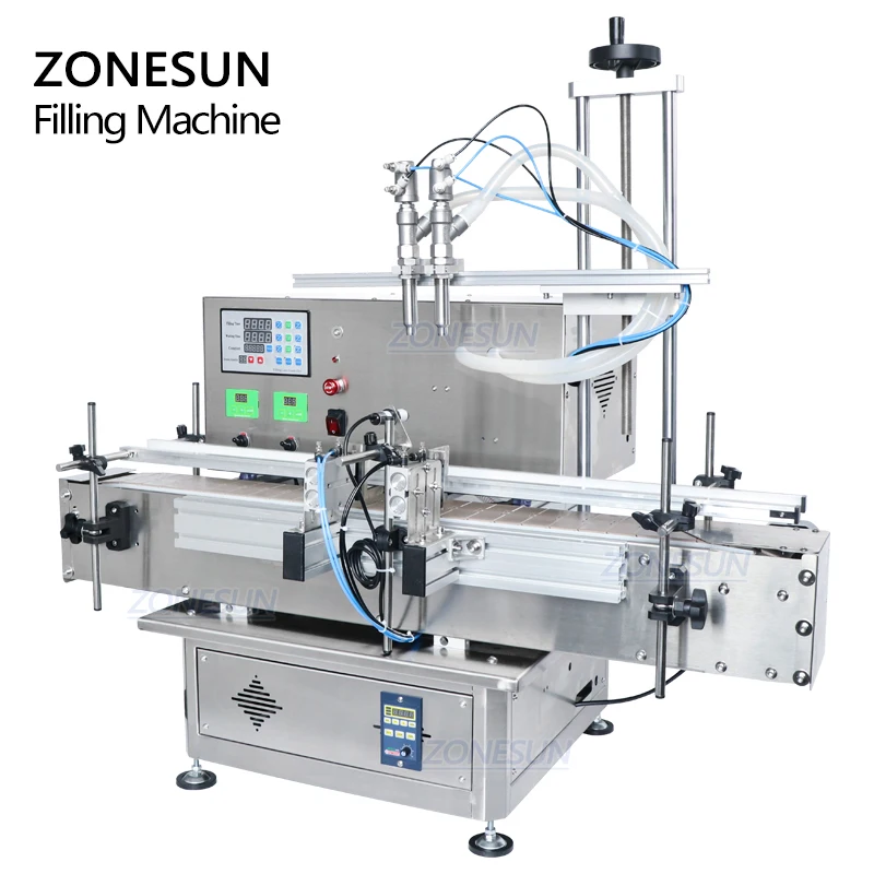 ZONESUN Desktop Automatic Filling Machine Gel Juice Liquid Shampoo Double Heads  Beverage Bottle Filler With Chain Conveyor