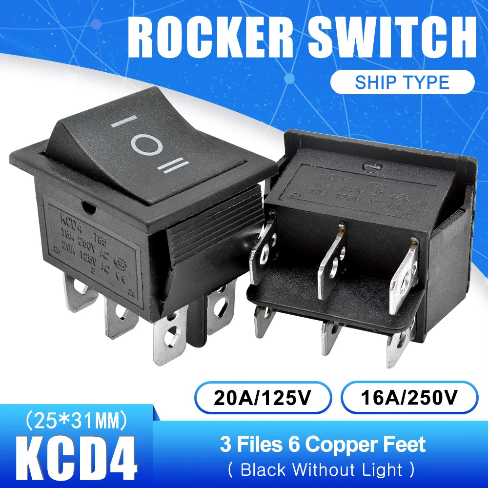 AC 250V 16A KCD4 Rocker Switch Button ON-OFF-ON 3 Position 6 Pins Electrical Equipment With Light Power Switch 25*31MM