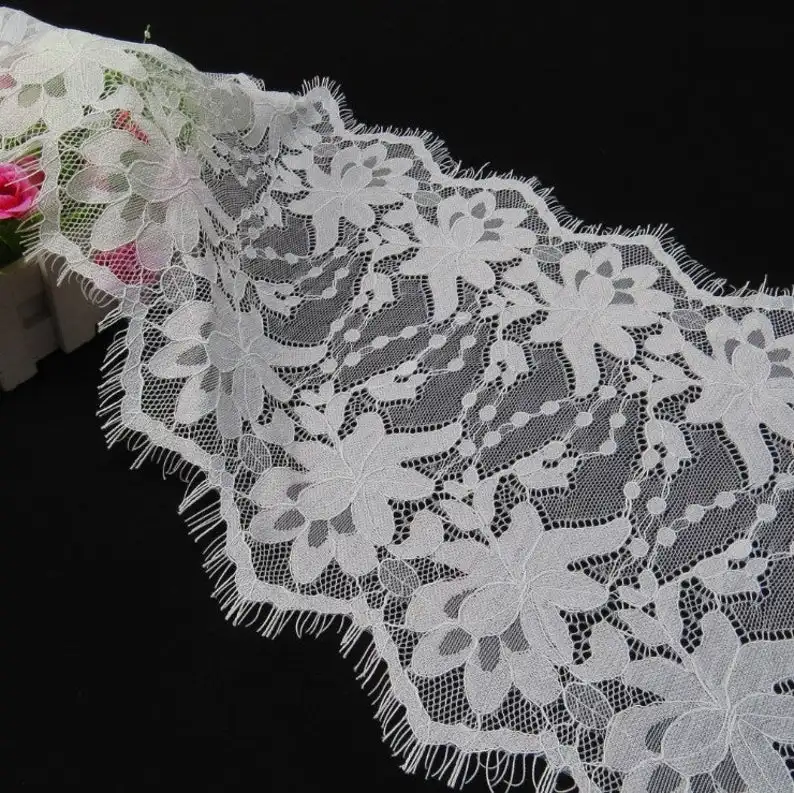 

Off White Scalloped Lace Fabric, Alencon Floral Eyelash Trim, French Chantilly Lace