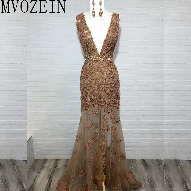 Mvozein Brown Mermaid Evening Dress Deep V-Neck Sleeveless See Through Floor Length Evening Dresses Long Formal Party Gowns