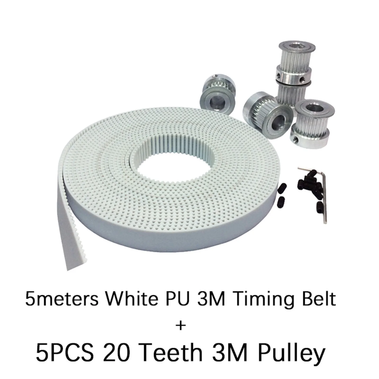 5PCS 20 Teeth  Pulley Bore 5/6/6.35/8/12mm For HTD3M CNC Engraving Machine Parts, 5meters White PU Timing Belt Width 15mm