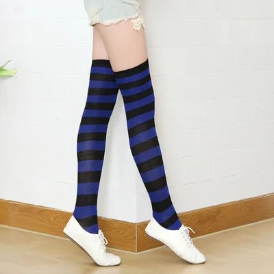 Chaussettes longues au dessus du genou pour femmes et filles, chaussettes imprimées à rayures, en coton, grande taille, mignonnes