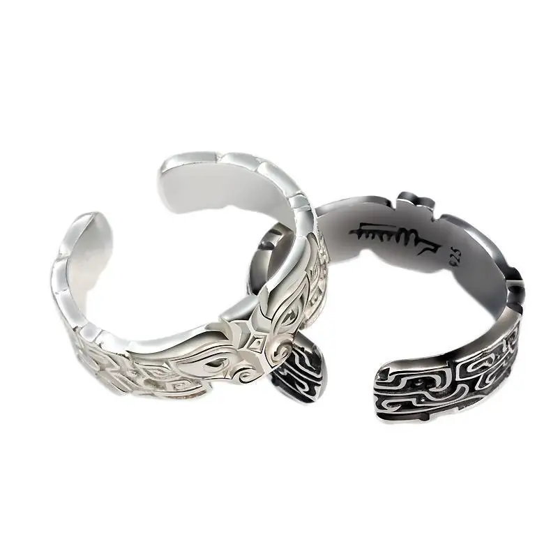 silver animal face pattern retro no mosaic cold temperament exaggerated opening adjustable male and female couple rings