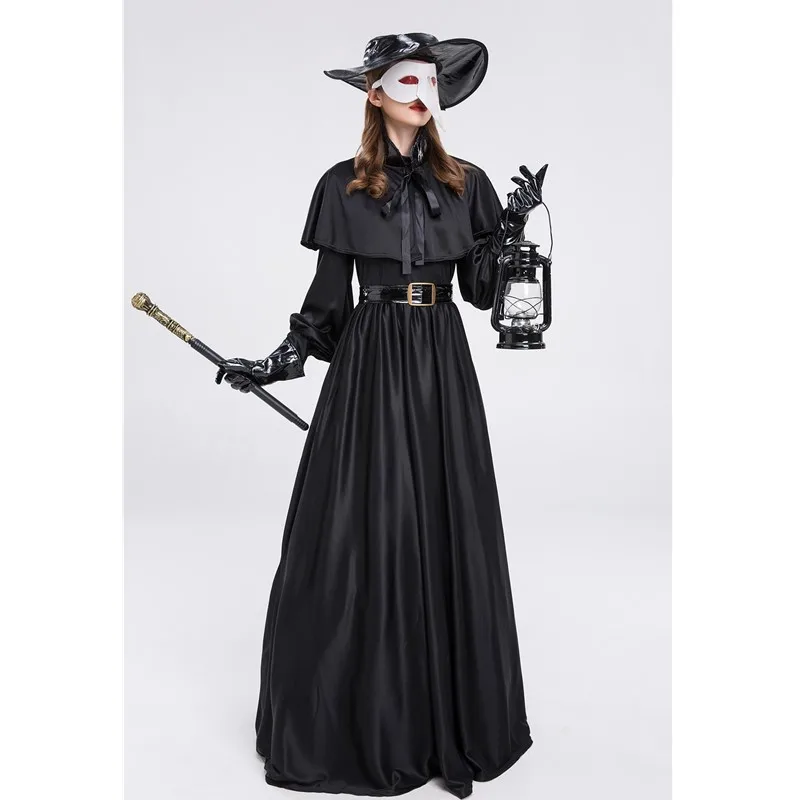 

Halloween Adult Women Medieval Steampunk Plague Doctor Hooded Robe Costume Masquerade Horror Priest Wizard Cosplay Dress