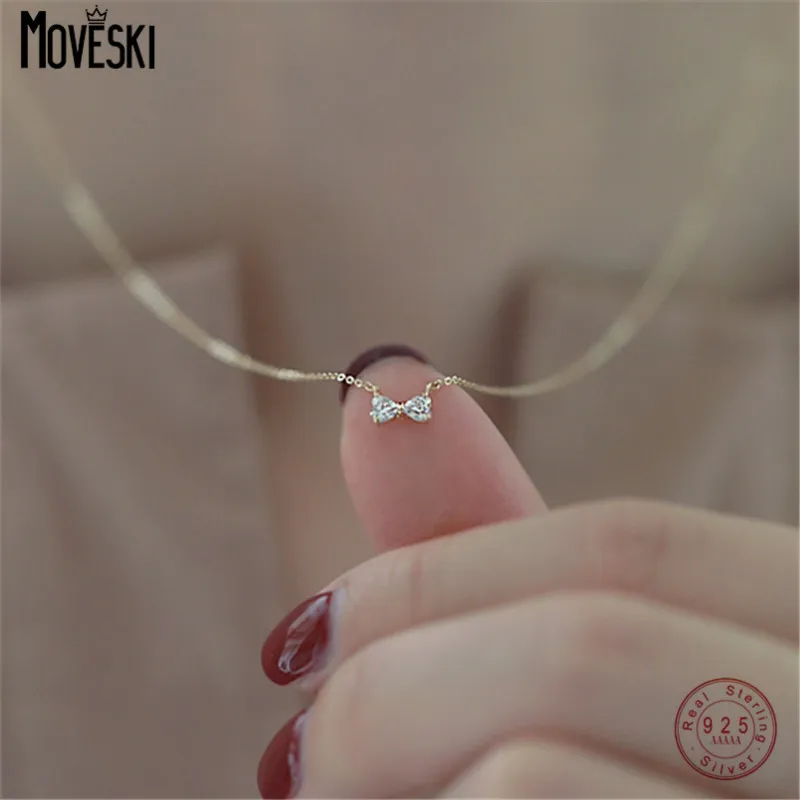 MOVESKI Real 925 Sterling Silver Plating 14K Gold Korea Cute Compact Bow Zircon Necklace For Women Fine Jewelry Drop Shipping