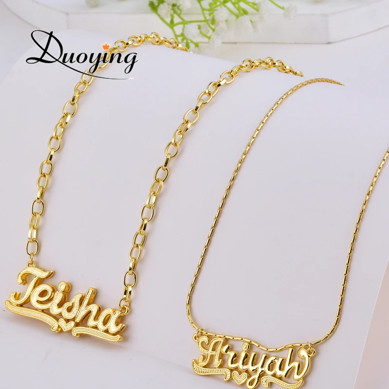 DUOYING Name Necklace Double Gold Plated Nameplate Multi Chains Personalized Necklaces Zirconia Custom Necklace Women Choker