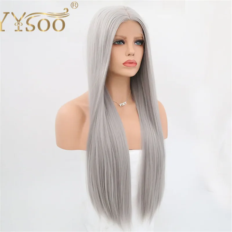 YYsoo สีเทาสังเคราะห์ Wigs สำหรับผู้หญิง13X4ยาวตรงที่สมจริงยาวตรงความร้อนทนวิกผมสังเคราะห์