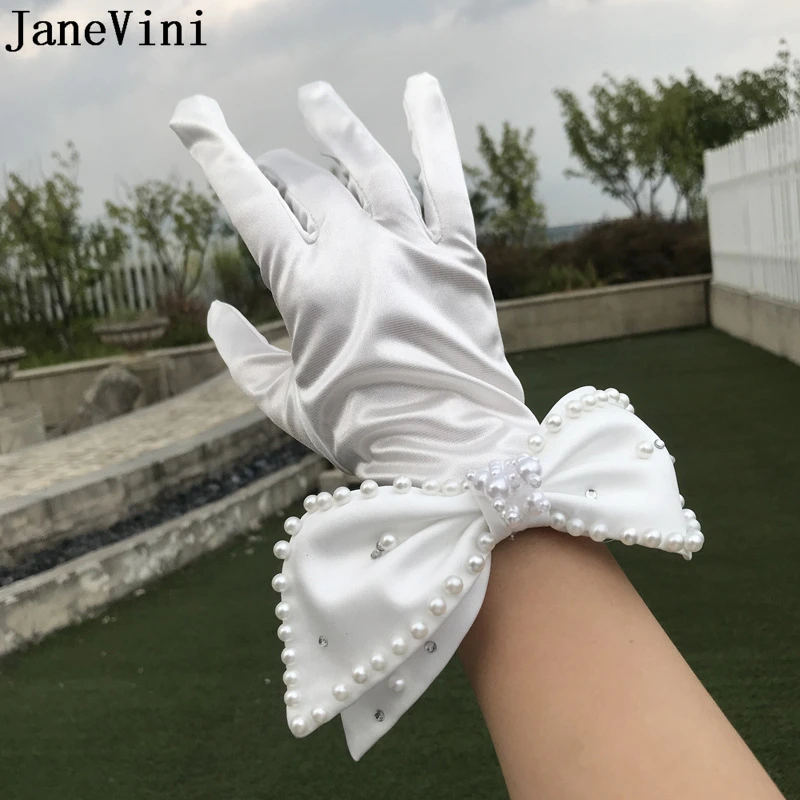 JaneVini New White Cheap Gloves Bridal Wrist Length Bow Pearls Ladies Pageant Dress Satin Full Finger Gloves Wedding Accessories