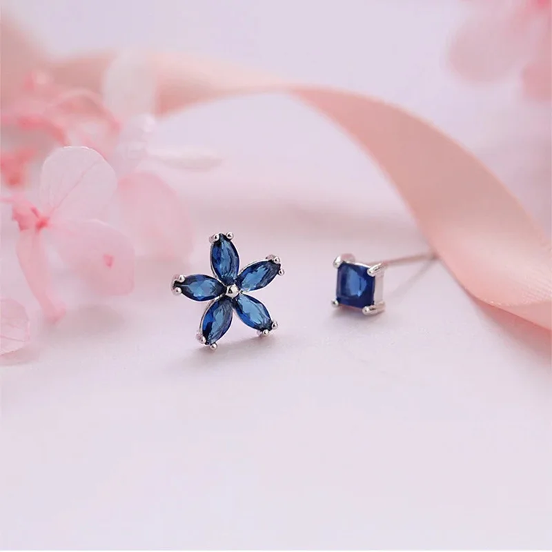 South Korea New S925 Needle Blue Crystal Flower Earrings Square Asymmetric Female Jewelry Wholesale