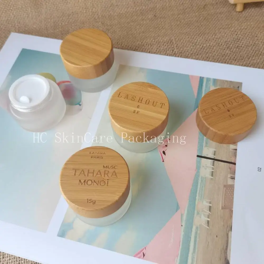 Wholesale Frosted Clear Glass Cosmetic Container Lip Gloss Empty Bottle Cream Jar With Eco Friendly Wood Bamboo Cap Lid