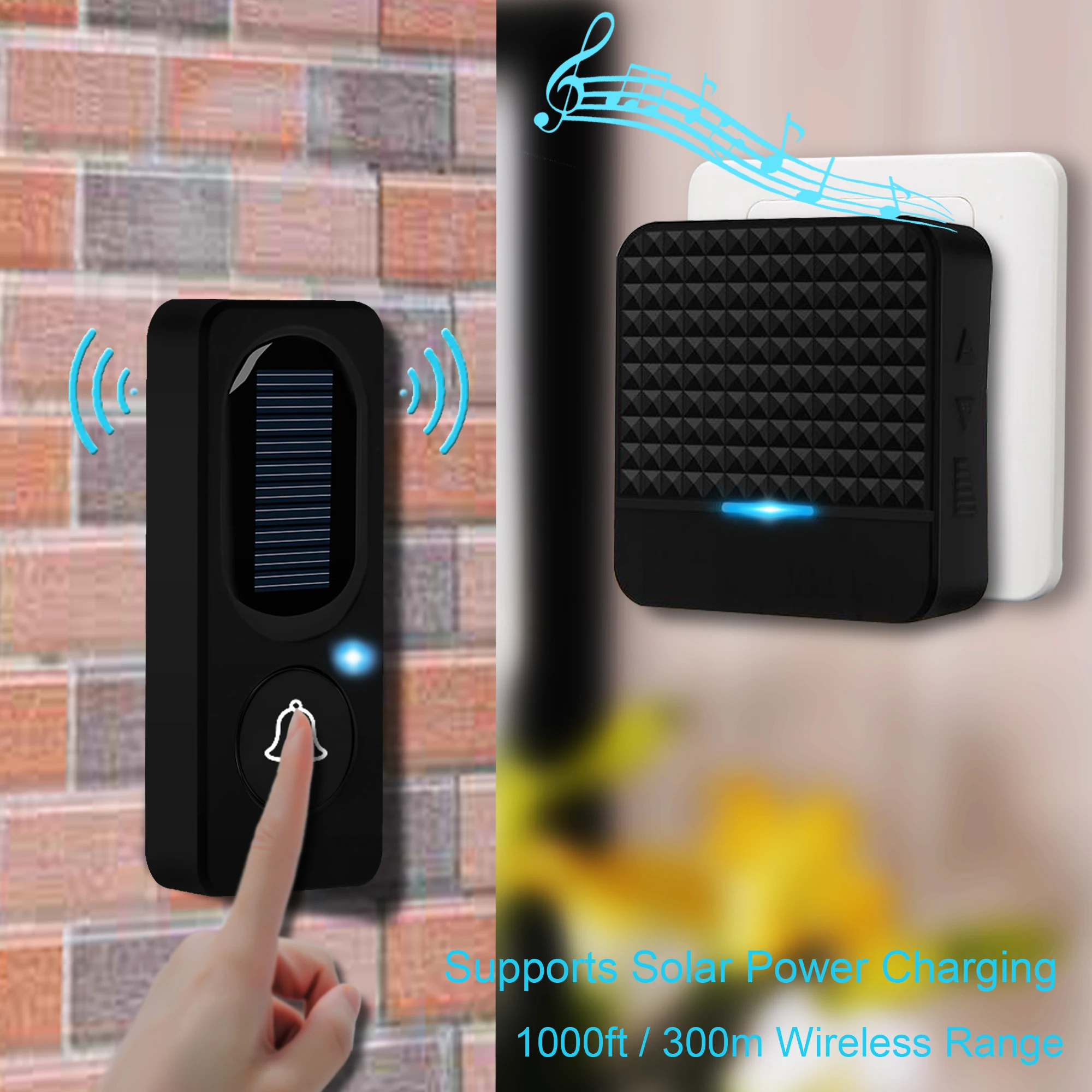 Solar Wireless Doorbell Low Power Home IP65 Waterproof 300M Door Bell Chime Outdoor Doorbells