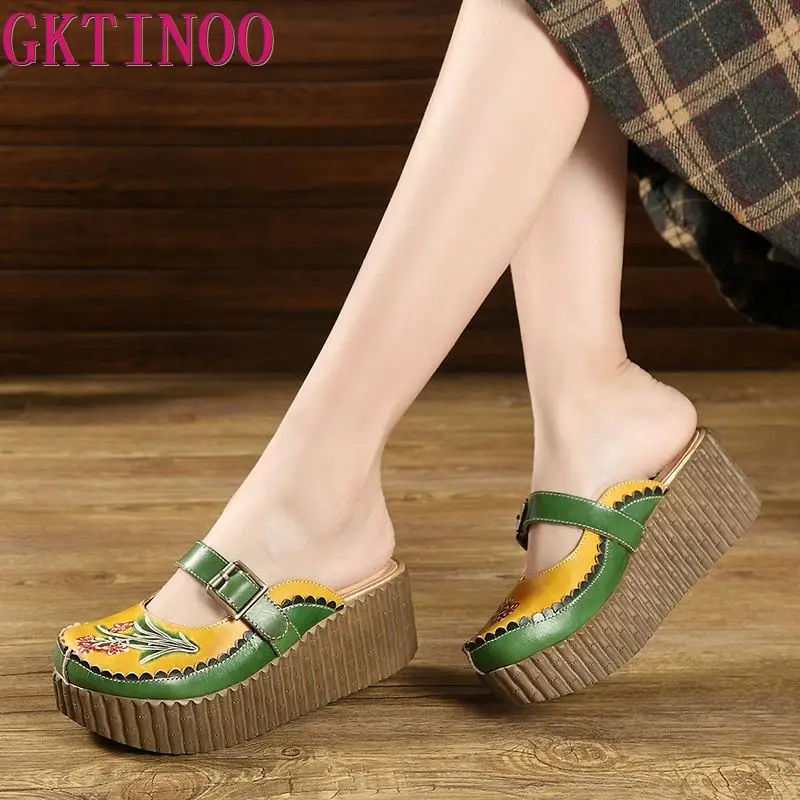 GKTINOO 2024 Wedge Slides Shoes Women Cover Toes Buckle Flower Cut Out Summer Female Genuine Leather Platform Slippers