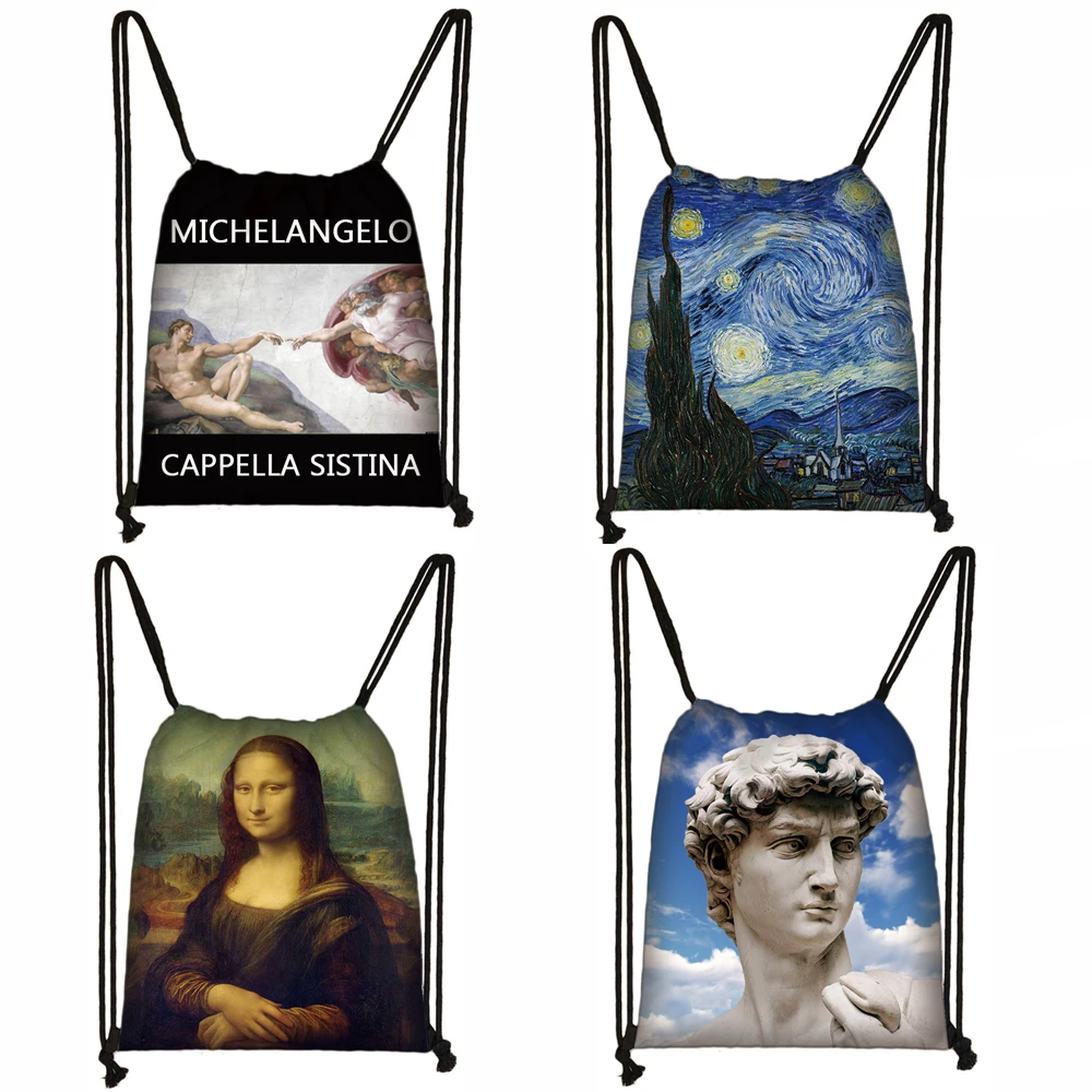 

Van Gogh / Michelangelo / Da Vinci Art Print Drawstring Bag Starry Night / David / Mona Lisa Storage Bags Women Men Backpack