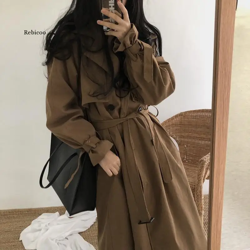 

Women Chic Trench Coat Casual Women's Long Outerwear Loose Overcoat with Belt Winter Fashion Double-breasted Windbreaker