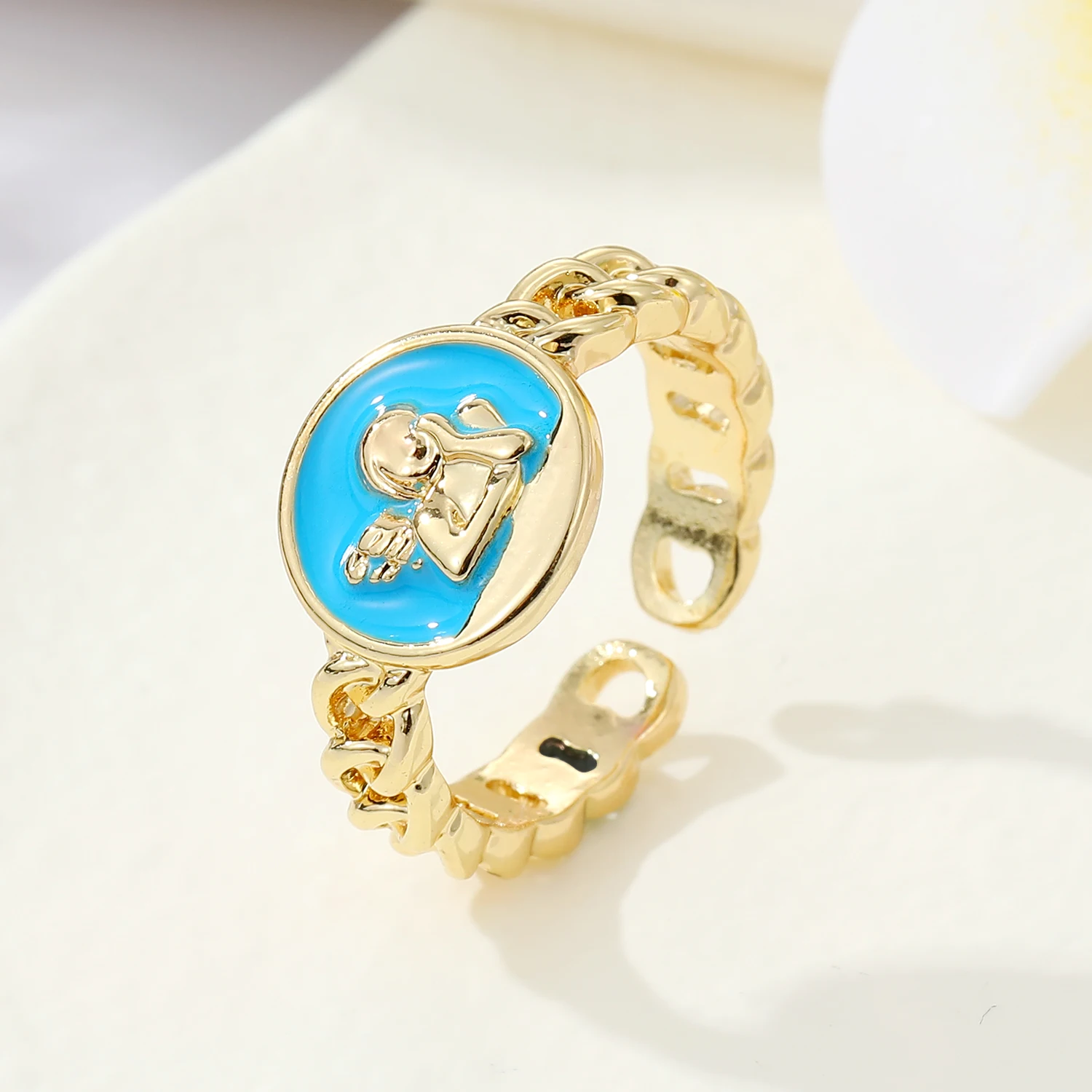 1PC New Candy Color Metal Ring Golden Cheek Cheek Angel Thinking Opening Adjustable Ring Fashion Trend Jewelry Gift