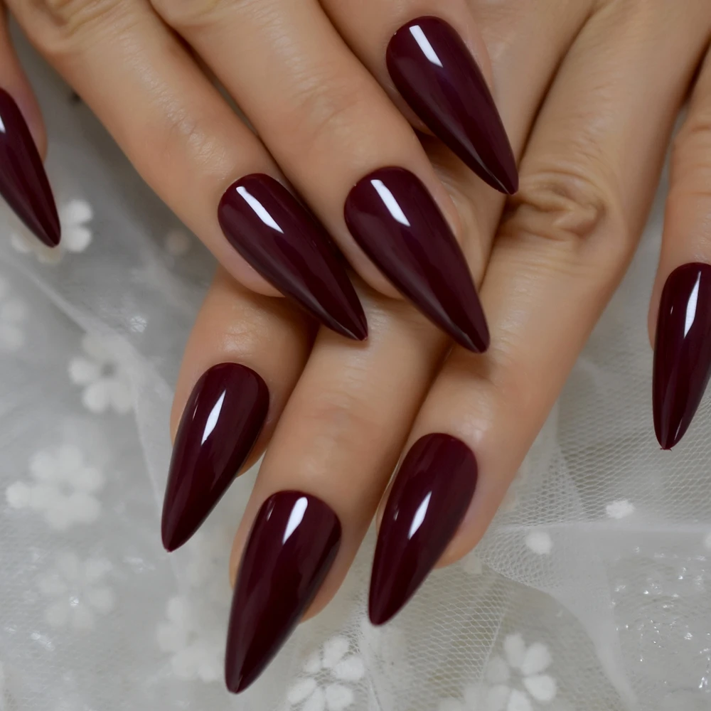 24pcs Burgundy Point Stiletto False Nail Tips Acrylic Salon Full Cover Press On Fake Nails With Jelly Glue Sticker