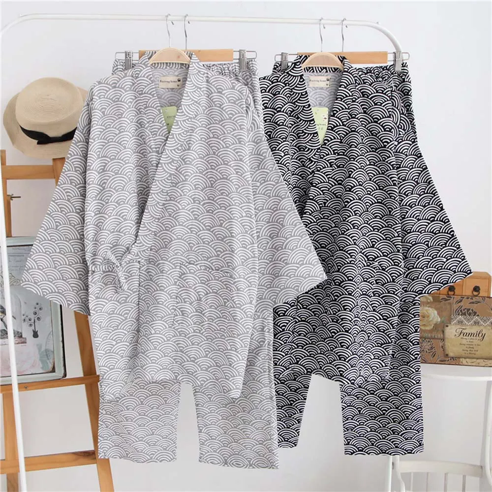 Plus Size Men Japanese Kimono Pajamas Cotton Casual Long-sleeve Trousers Home Service Two-piece Suit Comfortable Sleepwear