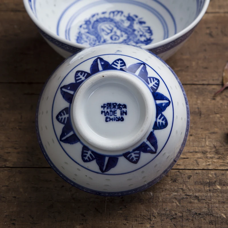 Jingdezhen Blue and White Porcelain Hollow Ramen Bowl Vintage Chinese Dragon Pattern Rice Bowl Kitchen Tableware Food Dinnerware