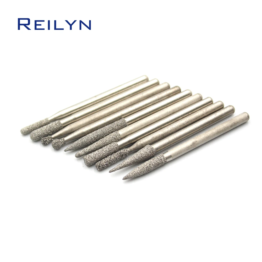 10pcs/Set Grinding Drill Bit Dremel Rotary Tool 3mm 60 Grit Emery Diamond Drill Bit Stripping Polishing for Engraving Machine