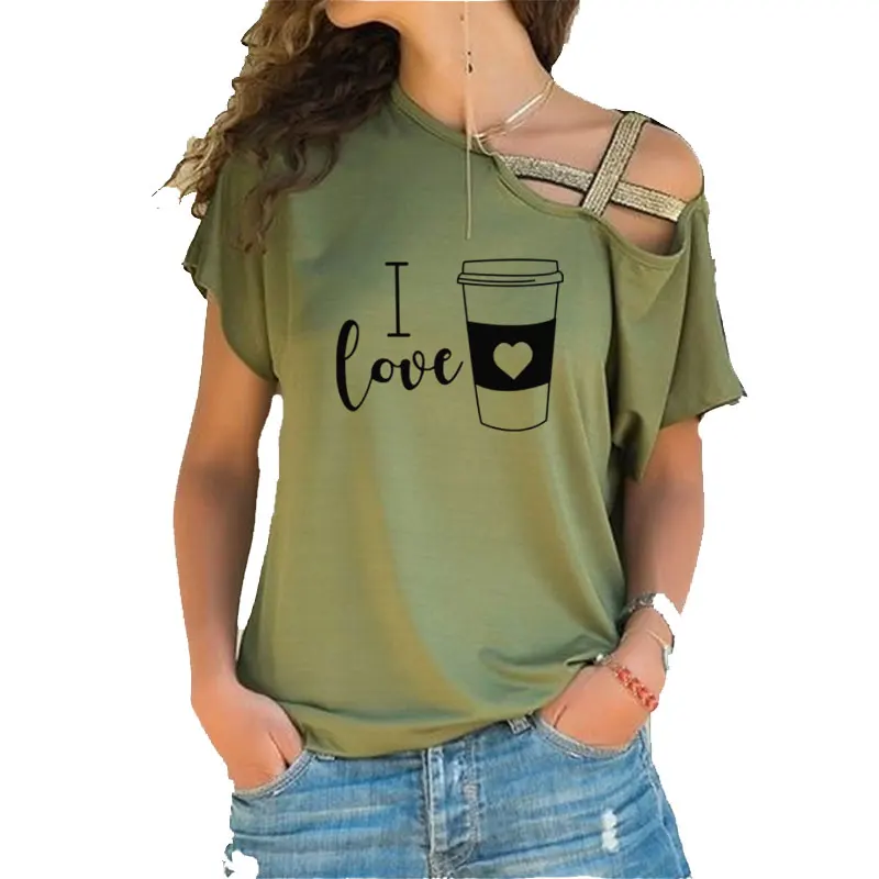 I Love Coffee Letter Print T Shirt 7 Colors Women Short Sleeve Tshirt 2020 Summer Women Irregular Skew Cross Bandage Tops Tee