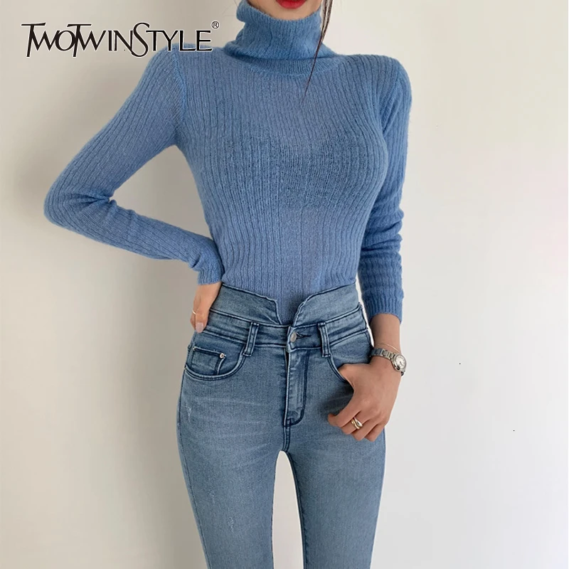 

TWOTWINSTYLE White Korean Knitted Sweater For Women Turtleneck Long Sleeve Autumn Slim Pullover Female Clothing Fashion New 2024