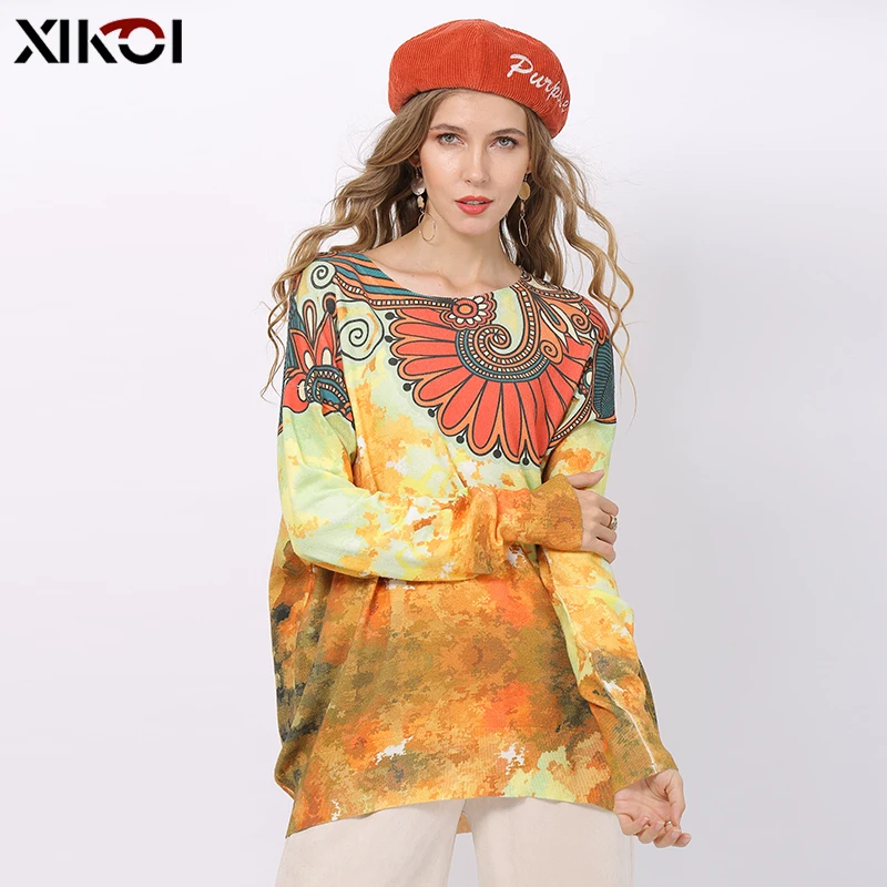 New XIKOI Winter Retro Print Sweater Women Pullovers Knitted O-Neck Jumper Women Oversized Warm Sweaters High Elastic Pull Femme