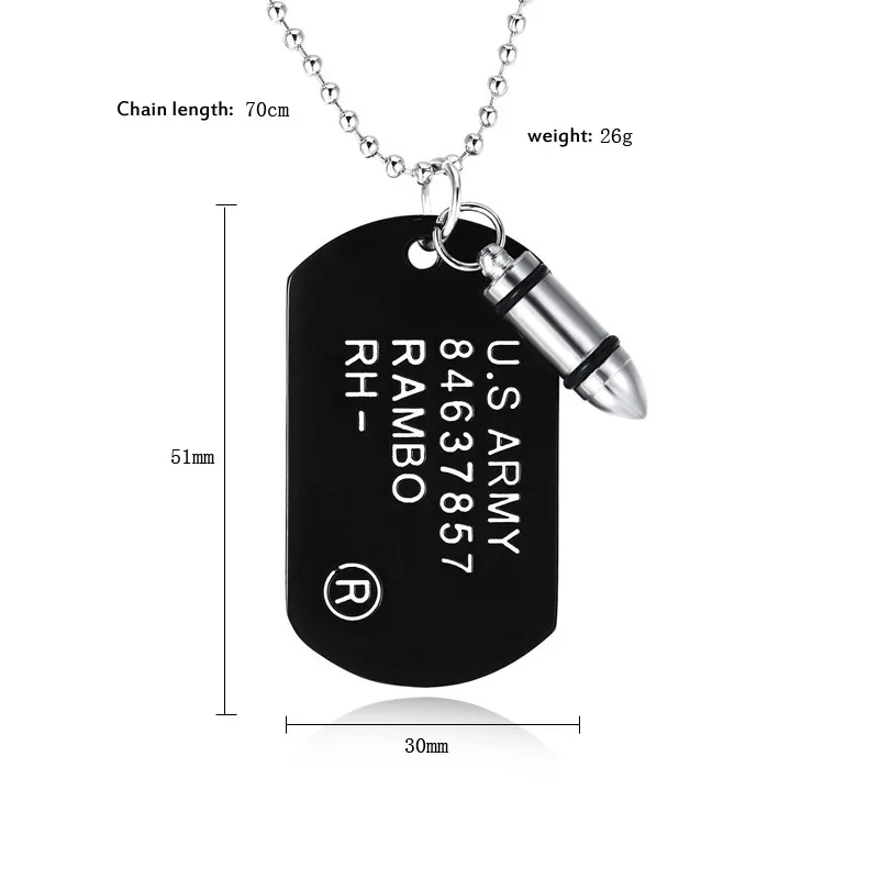 High Quality Fashion Men Military Army Bullet metal Charm Dog Tags SINGLE EMBOSSED Chain Pendant Necklace Jewelry Gift