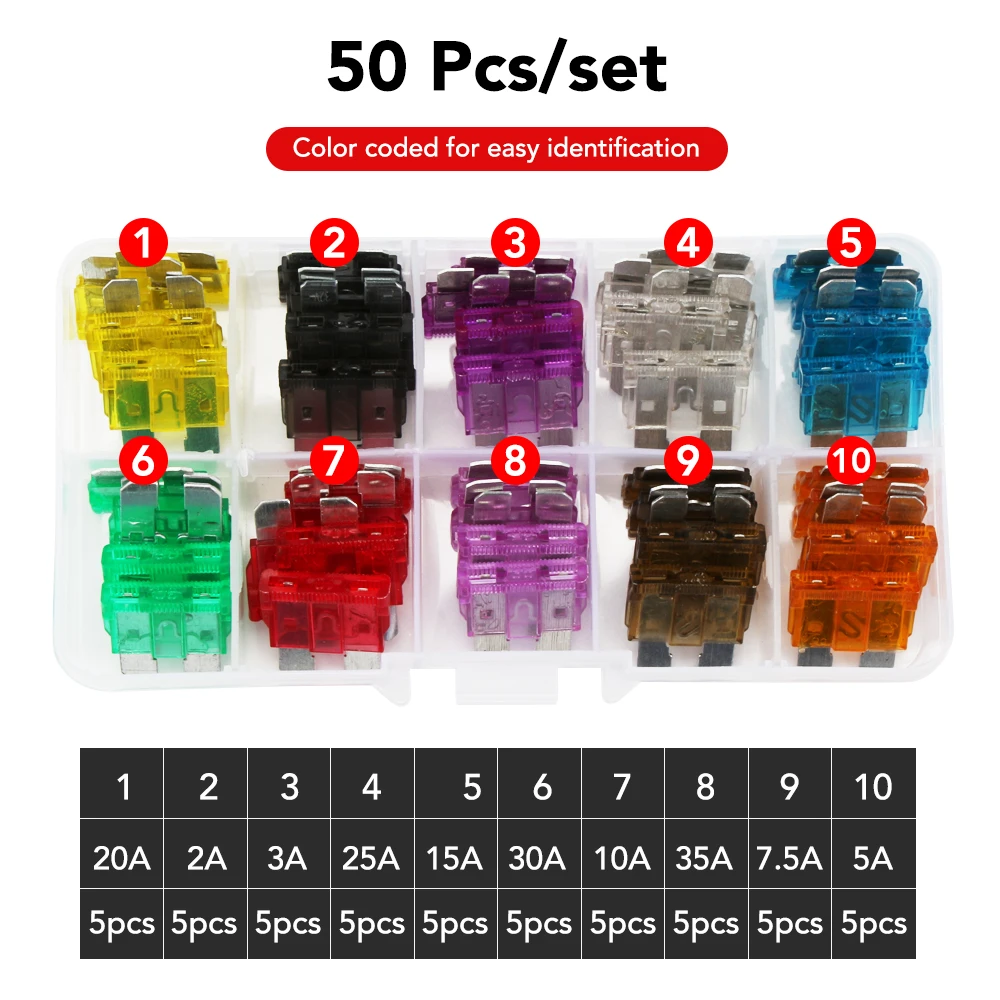 50PCS Car Fuses Auto Blade Type Fuse Set Truck for BMW e46 e90 e60 e39 e36 e34 f10 f30 f20 x5 e53 e70 e87 e92 e91 g30 e30 M3 M5