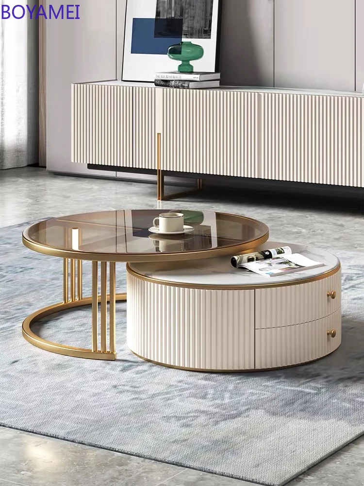 Italian light luxury rock tea table TV cabinet combination simple modern toughened glass size round stretch tea table