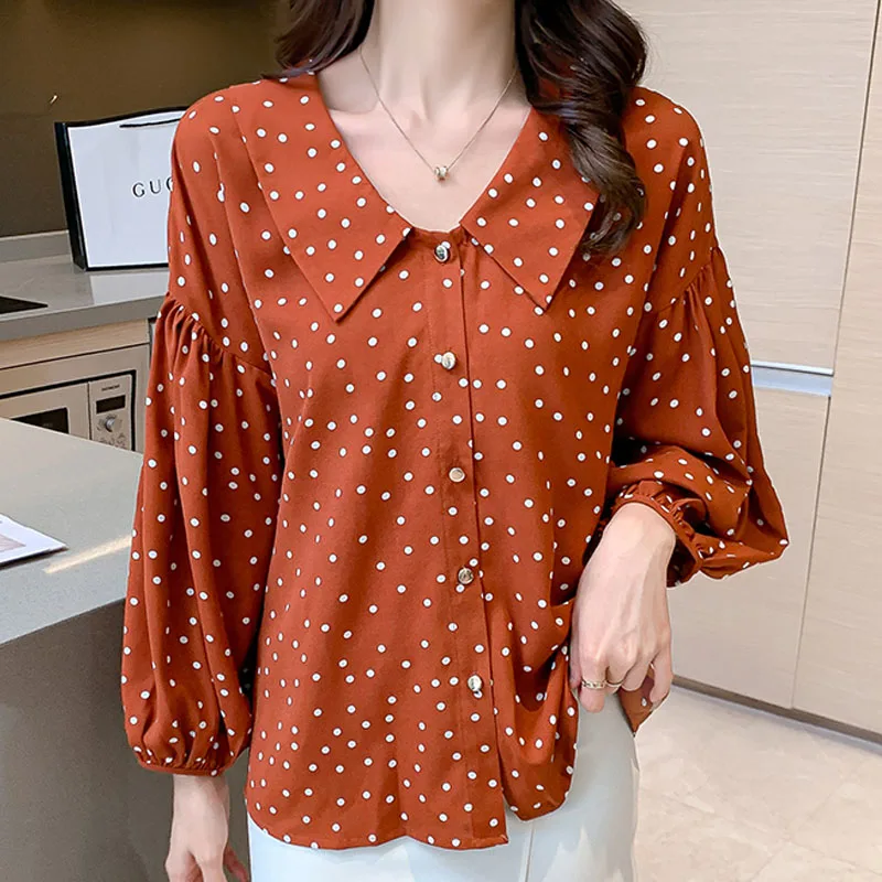 Fashion Chiffon Shirt Sweet New Wave Polka Dot Doll Collar Lantern Sleeve Simple Elegant Blusas Mujer Tops and Blouse Women 1543