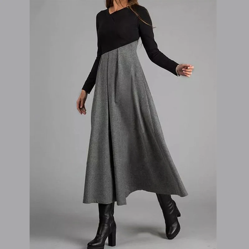 New 2021 Women's Clothing Dresses Autumn Winter Contrast Color Patchwork Mid-waist Long-sleeve V-neck Pullover Long Casual Dress