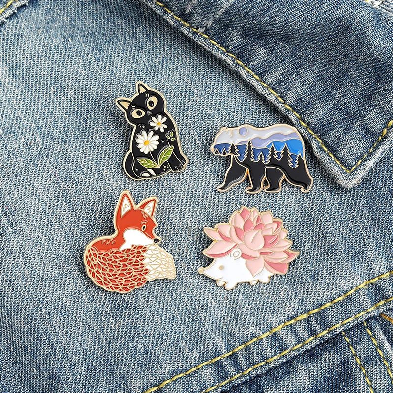 Landscape Flower Tattoo Animals Enamel Pin Hedgehog Fox Bear Cat Lapel Badges Cartoon Pins Gifts for Friends Jewelry Wholesale