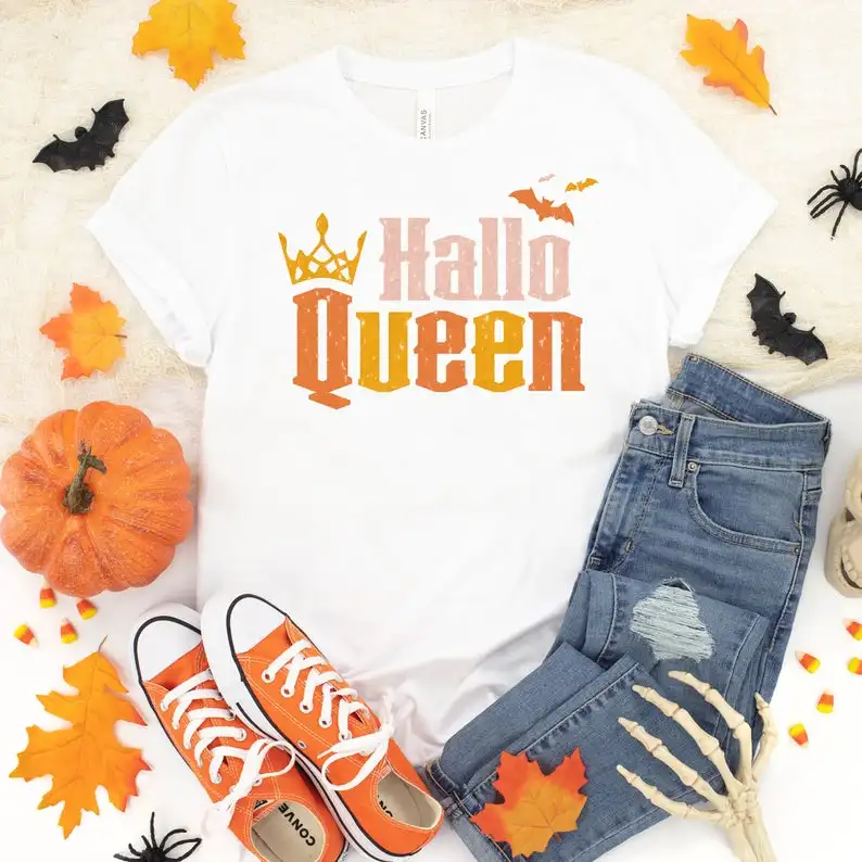 HalloQueen Halloween Shirt Trick or Treat Funny Halloween Fashion Girl Casual Cotton Neck Female Streetwear Short Sleeve Top Tee