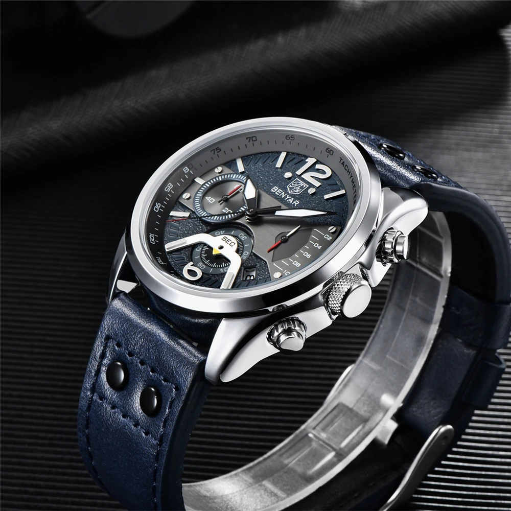 2023  New BENYAR Top Brand 42mm Men Quartz Watches Men\'s Pilot Waterproof Leather Watch Men Sport Chronograph Reloj Hombre