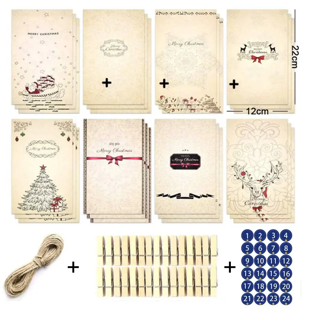 24Pcs Advent calendar Christmas Calendars Kraft Paper, Candy Bag with Stickers Clips Rope