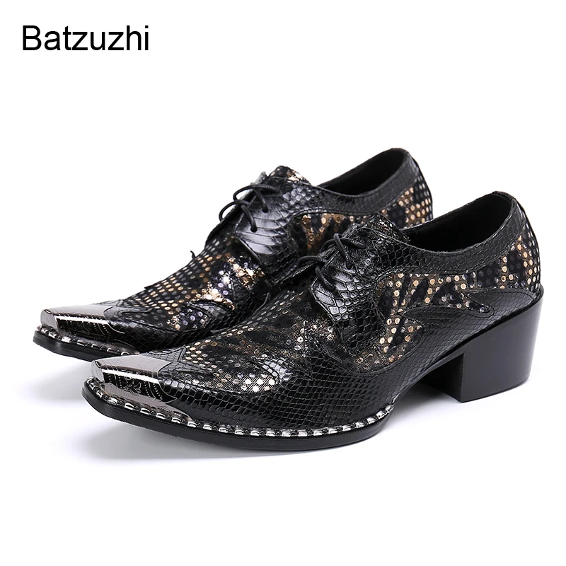

Batzuzhi 6.5cm High Heel Men's Shoes Pointed Iron Toe Leather Dress Shoes Men Lace-up Black Formal Business/Party Shoes Footwear